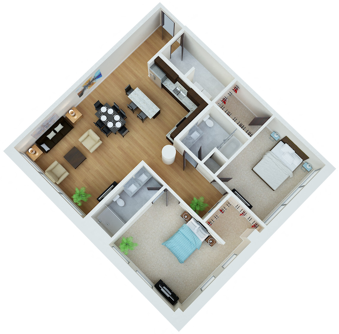 Floor plan for 2 beds, 2 baths, 1542 sqft